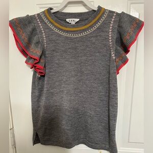 THML Women’s Gray Sweater with Multicolor Trim and Flutter Sleeves Size Small